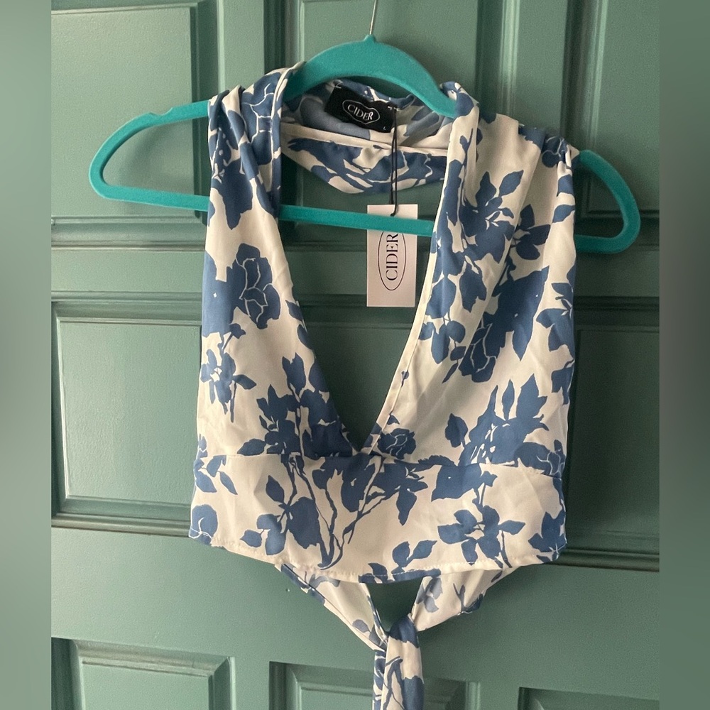 Cider Blue and White Abstract Halter Blouse
